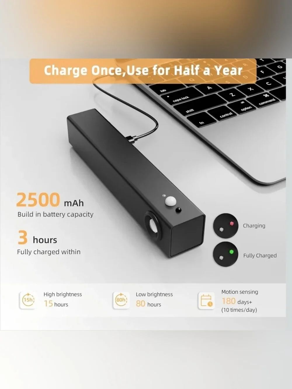 VOSLOO Motion Sensor LED Light, 2500mAh Rechargeable Battery, Aluminum Alloy